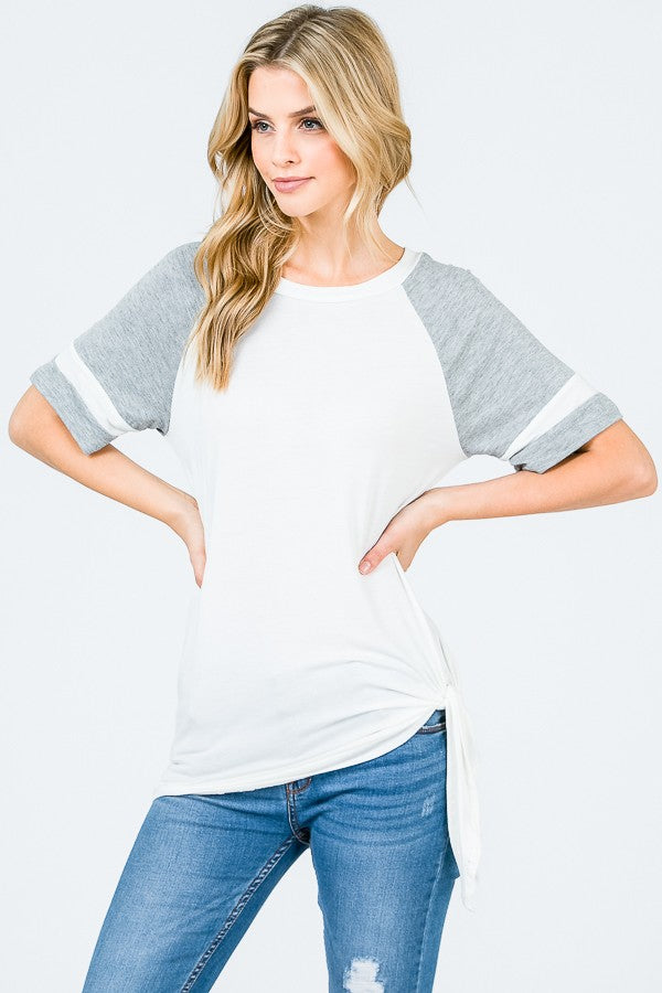 WHITE AND GRAY RAGLAN SIDE TIE TOP WITH CONTRAST PANELING AT SLEEVES