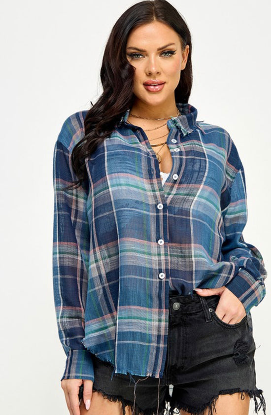 Navy Relaxed Button Down Plaid Top