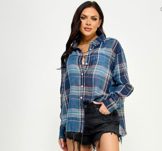 Navy Relaxed Button Down Plaid Top