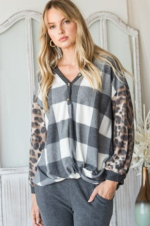 PLAID COLORBLOCK LONG SLEEVE TOP