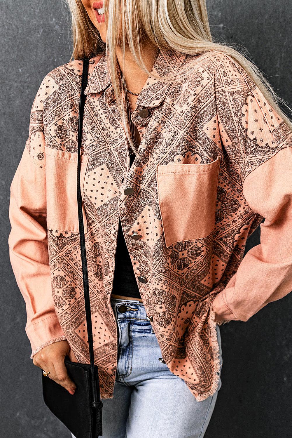 Printed Raw Hem Button Down Jacket with Pockets- ONLINE ONLY 2-10 day Shipping