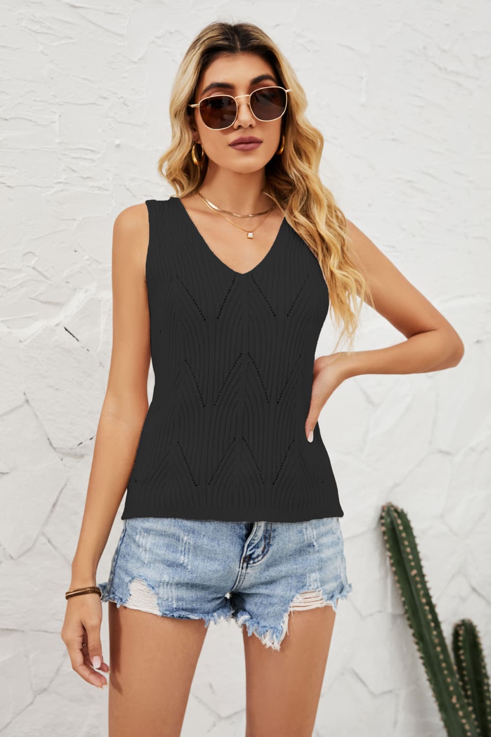 Openwork V-Neck Knit Top- ONLINE ONLY 2-10 DAY SHIPPING