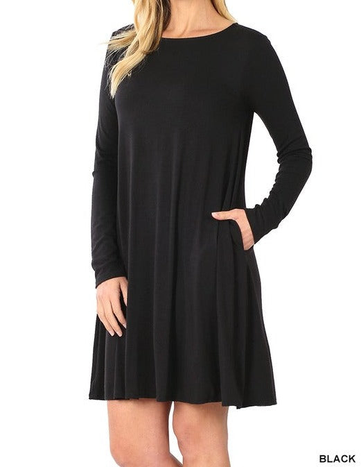 LONG SLEEVE FLARE DRESS WITH POCKETS