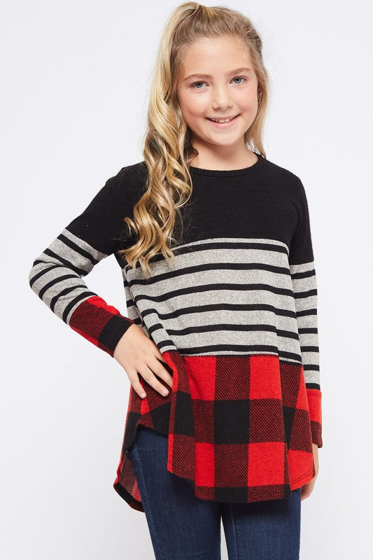 Kids Size Buffalo Plaid poly spandex color block sweater top