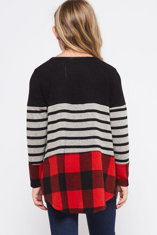 Kids Size Buffalo Plaid poly spandex color block sweater top