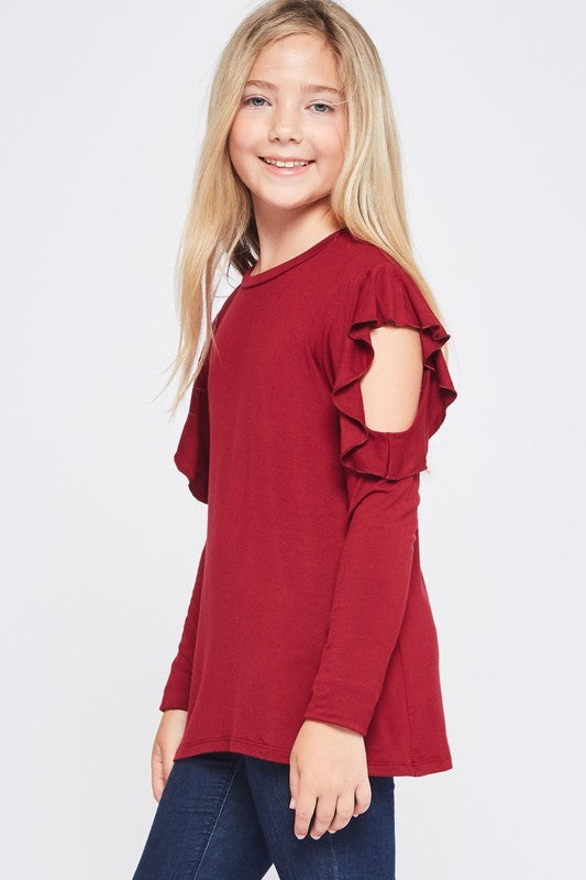 KIDS SIZE COLD SHOULDER RUFFLE TOPS