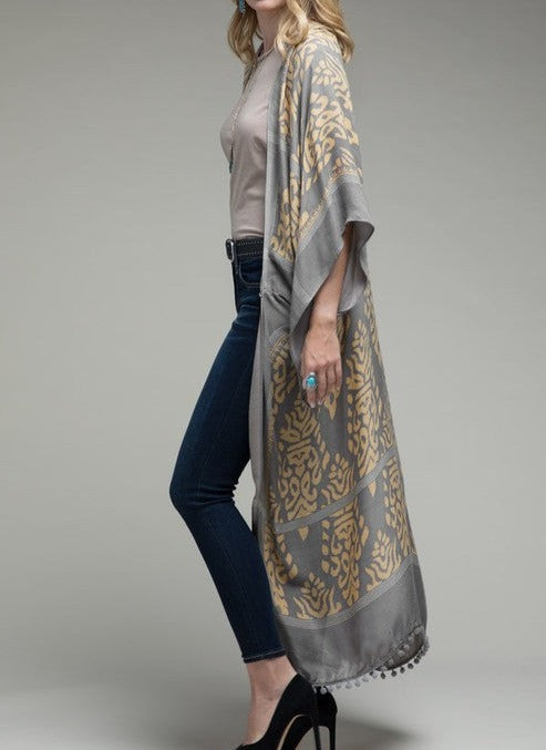 Damask Print Kimono with Sleeves