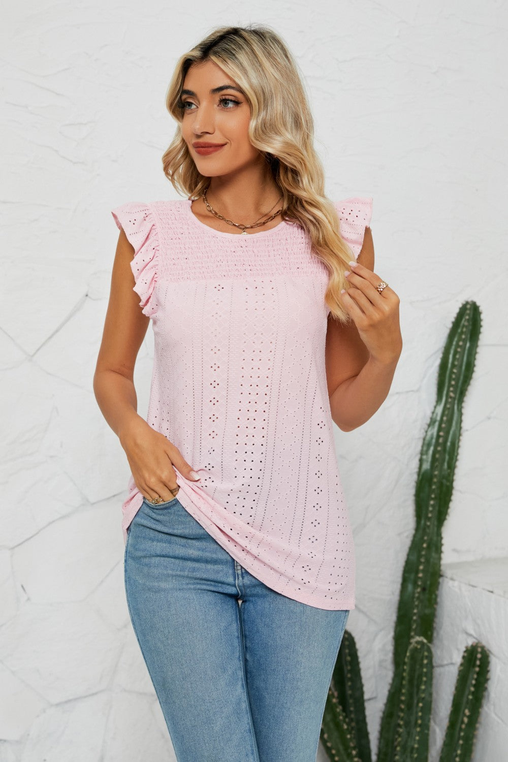 Smocked Round Neck Eyelet Top- ONLINE ONLY 2-10 DAY SHIPPING