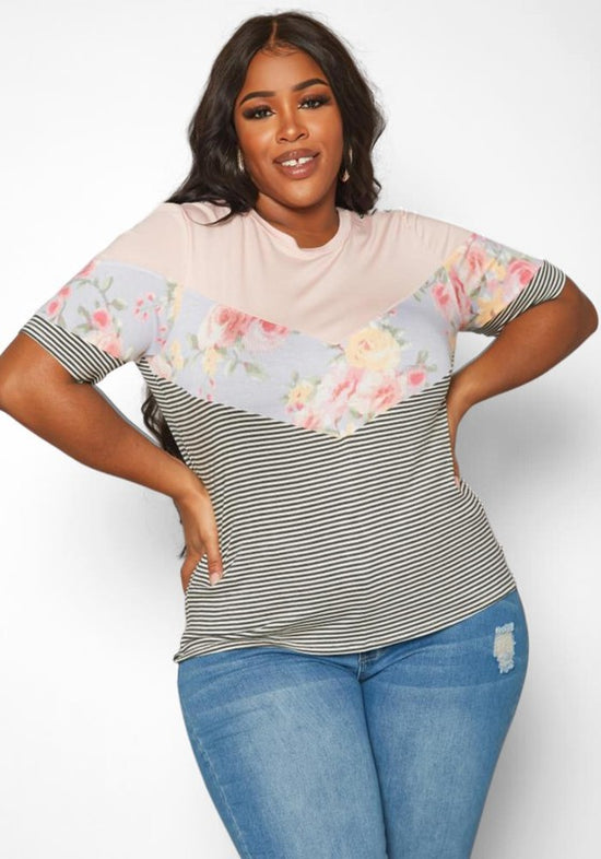 PLUS SIZE COLOR BLOCK SHORT SLEEVE TOP