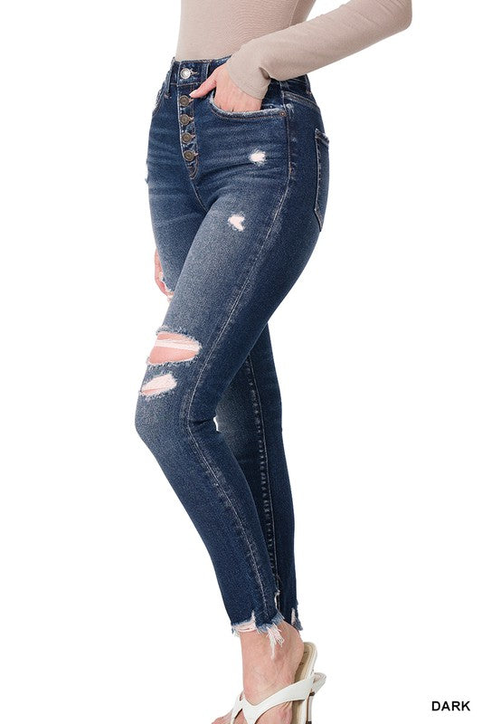 DISTRESSED BUTTON FLY ANKLE SKINNY DENIM PANTS