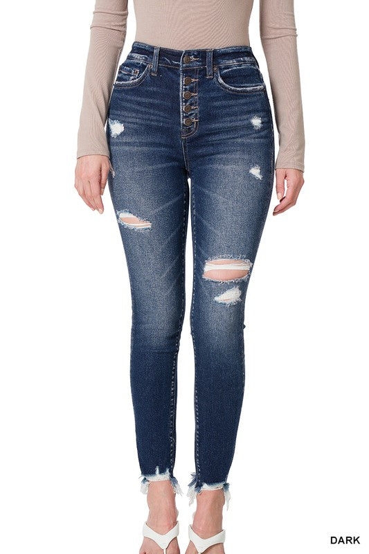 DISTRESSED BUTTON FLY ANKLE SKINNY DENIM PANTS