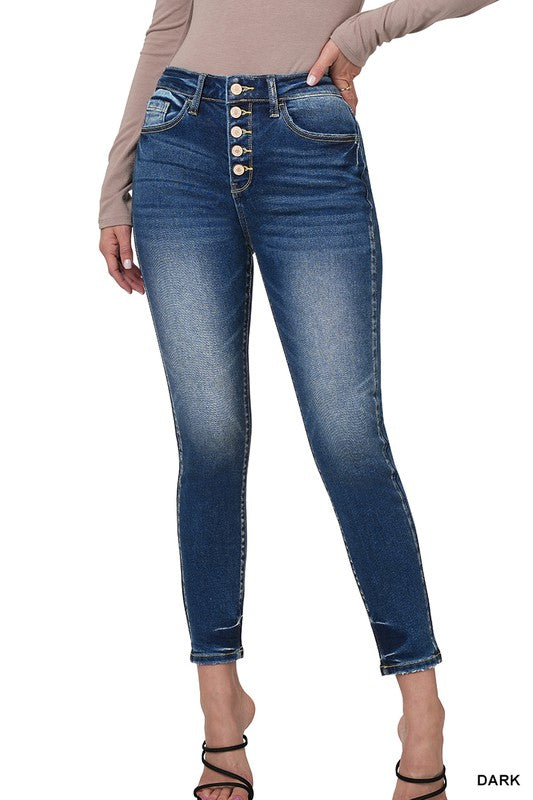 HIGH RISE BUTTON FLY ANKLE SKINNY DENIM PANTS