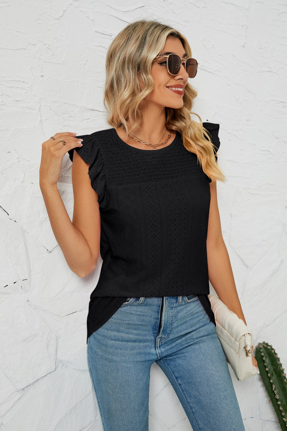 Smocked Round Neck Eyelet Top- ONLINE ONLY 2-10 DAY SHIPPING