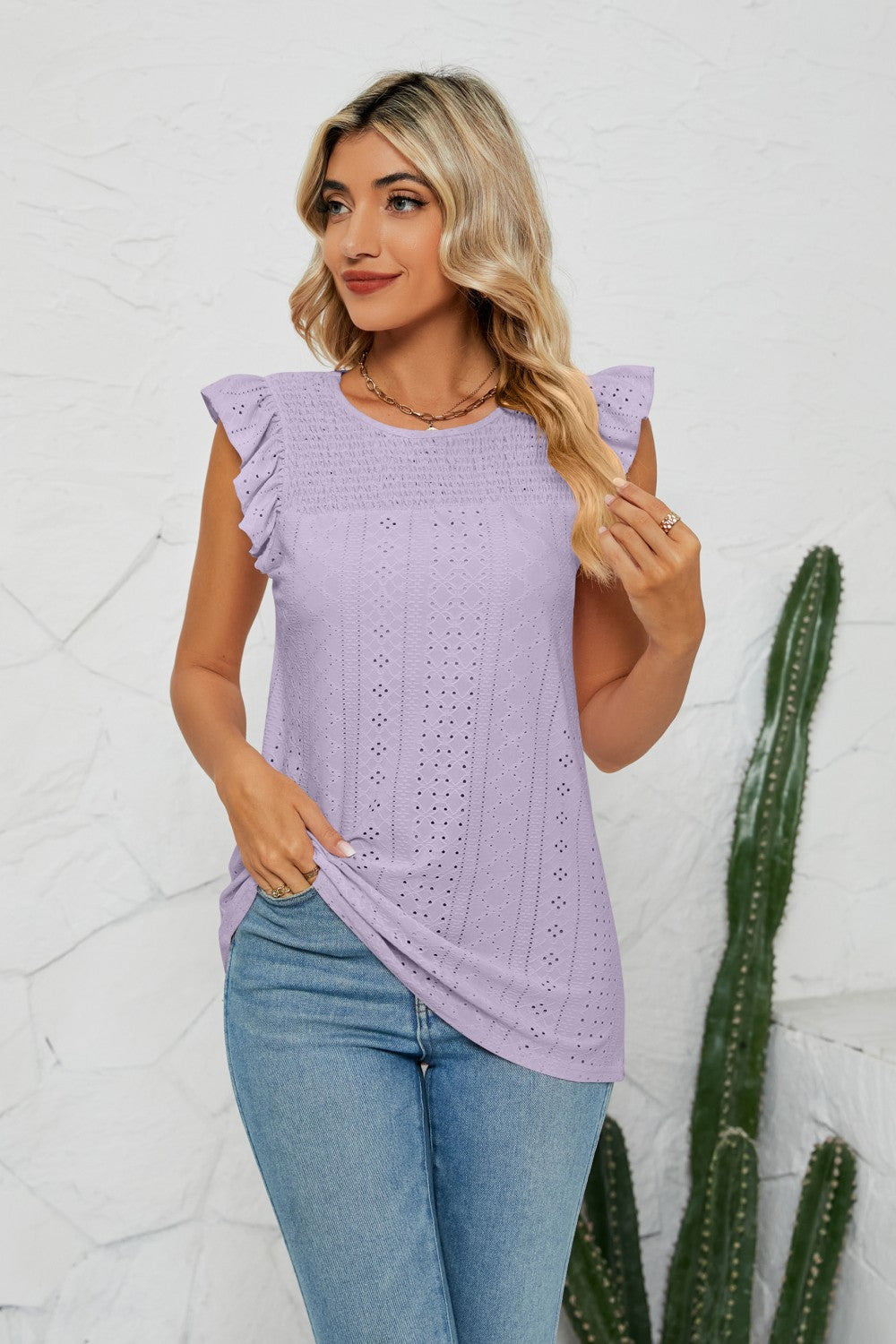 Smocked Round Neck Eyelet Top- ONLINE ONLY 2-10 DAY SHIPPING