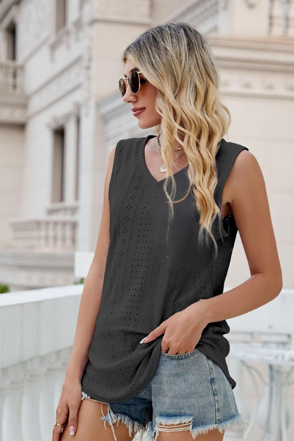 Eyelet V-Neck Tank- ONLINE ONLY 2-10 DAY SHIPPING