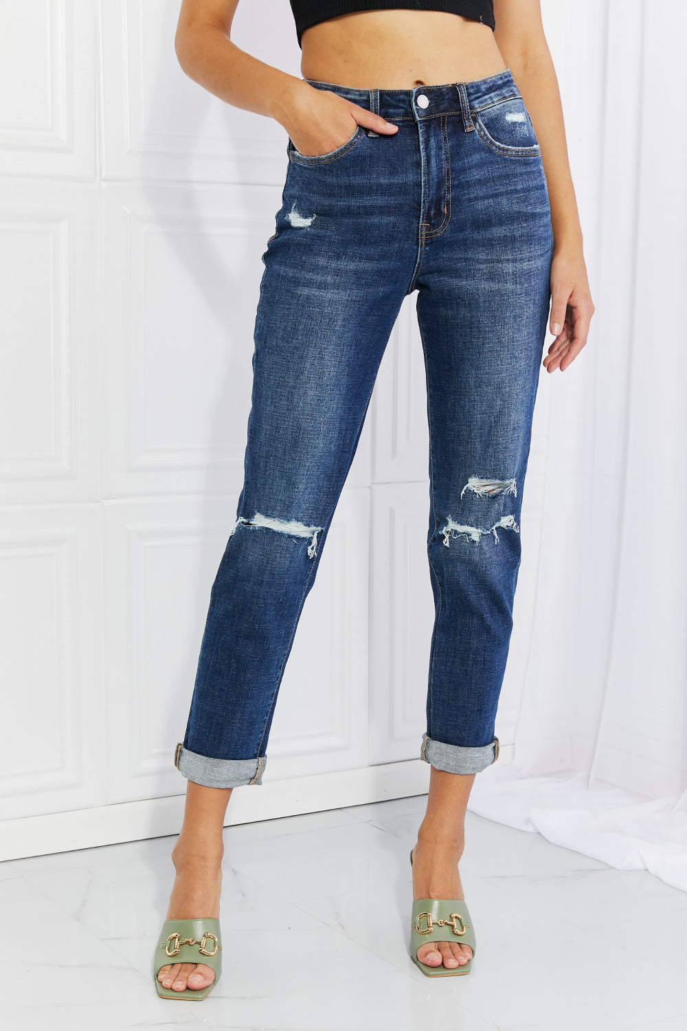 VERVET Full Size Distressed Cropped Jeans with Pockets- ONLINE ONLY 2-10 day Shipping