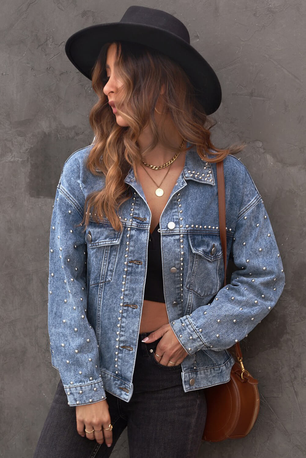 Studded Button Down Denim Jacket- ONLINE ONLY 2-10 day Shipping