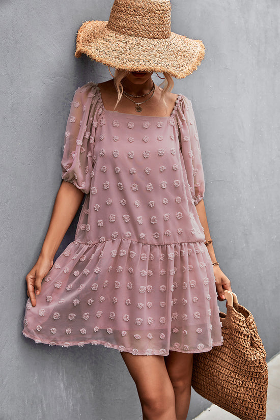 Swiss Dot Square Neck Half Balloon Sleeve Dress- ONLINE ONLY 2-10 day Shipping