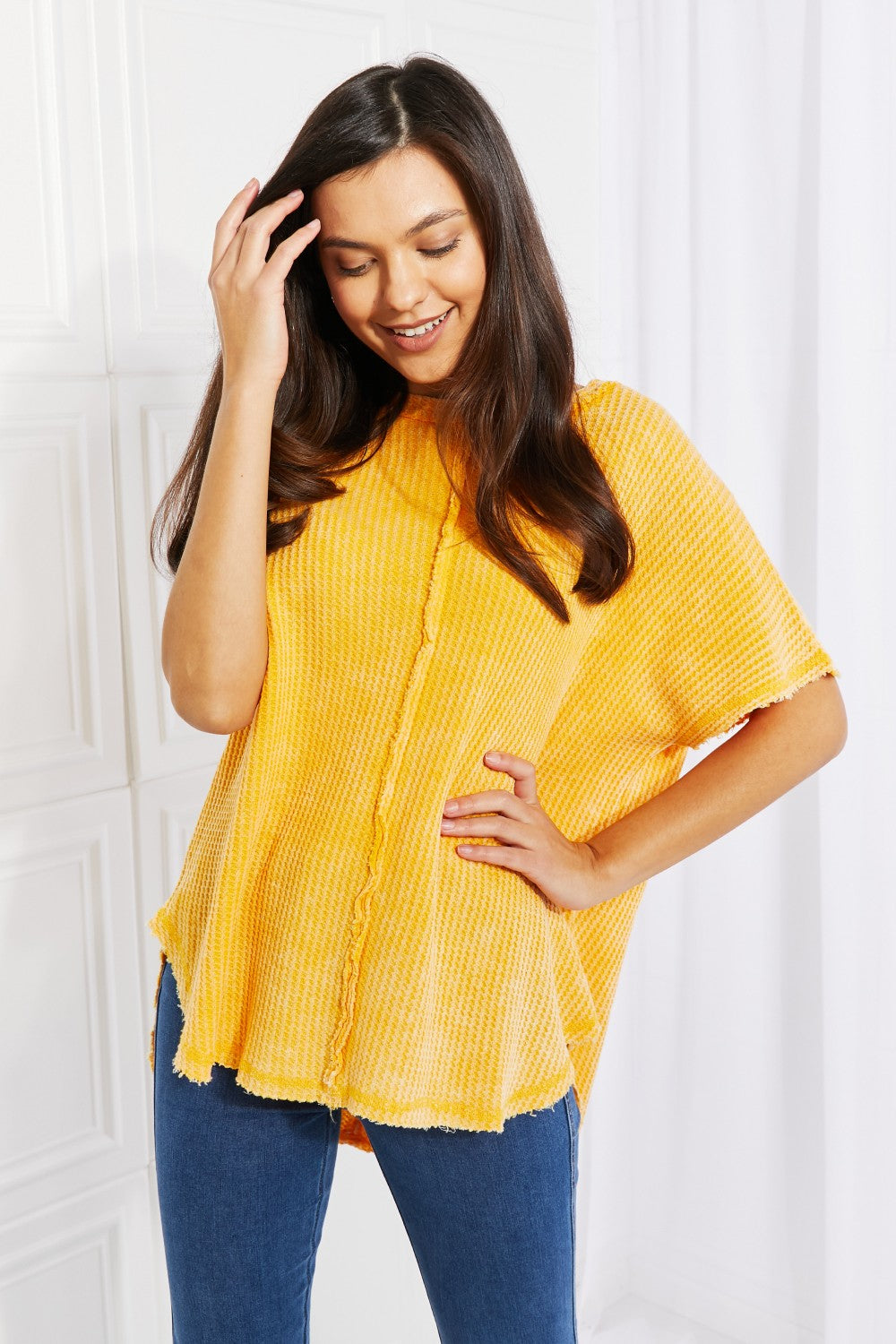 Zenana Start Small Washed Waffle Knit Top in Yellow Gold- ONLINE ONLY 2-10 day Shipping