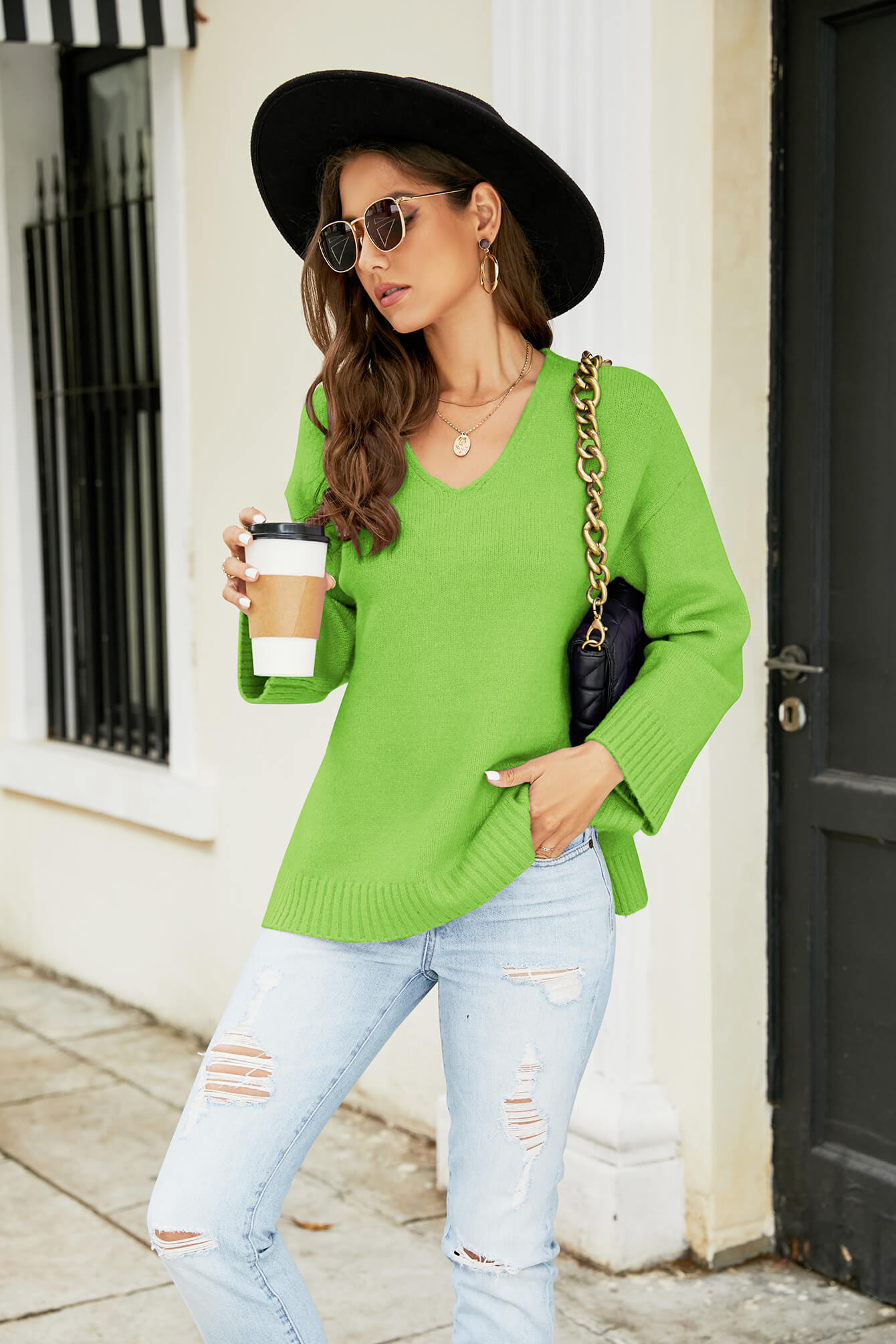 Drop Shoulder V-Neck Knit Pullover- ONLINE ONLY 2-10 DAY SHIPPING