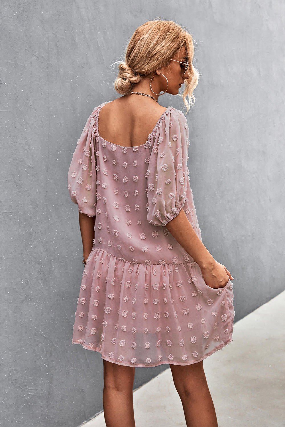 Swiss Dot Square Neck Half Balloon Sleeve Dress- ONLINE ONLY 2-10 day Shipping