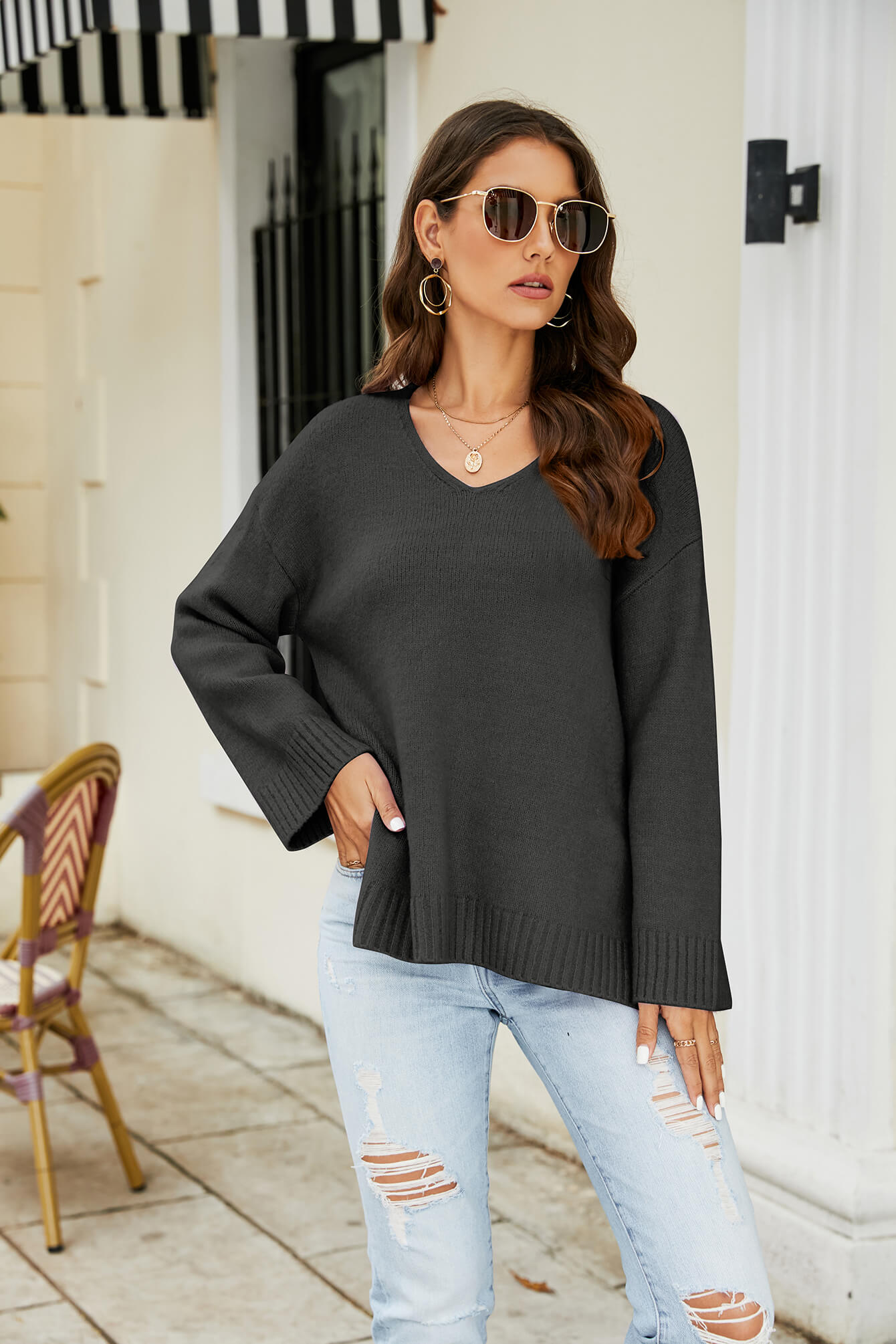 Drop Shoulder V-Neck Knit Pullover- ONLINE ONLY 2-10 DAY SHIPPING