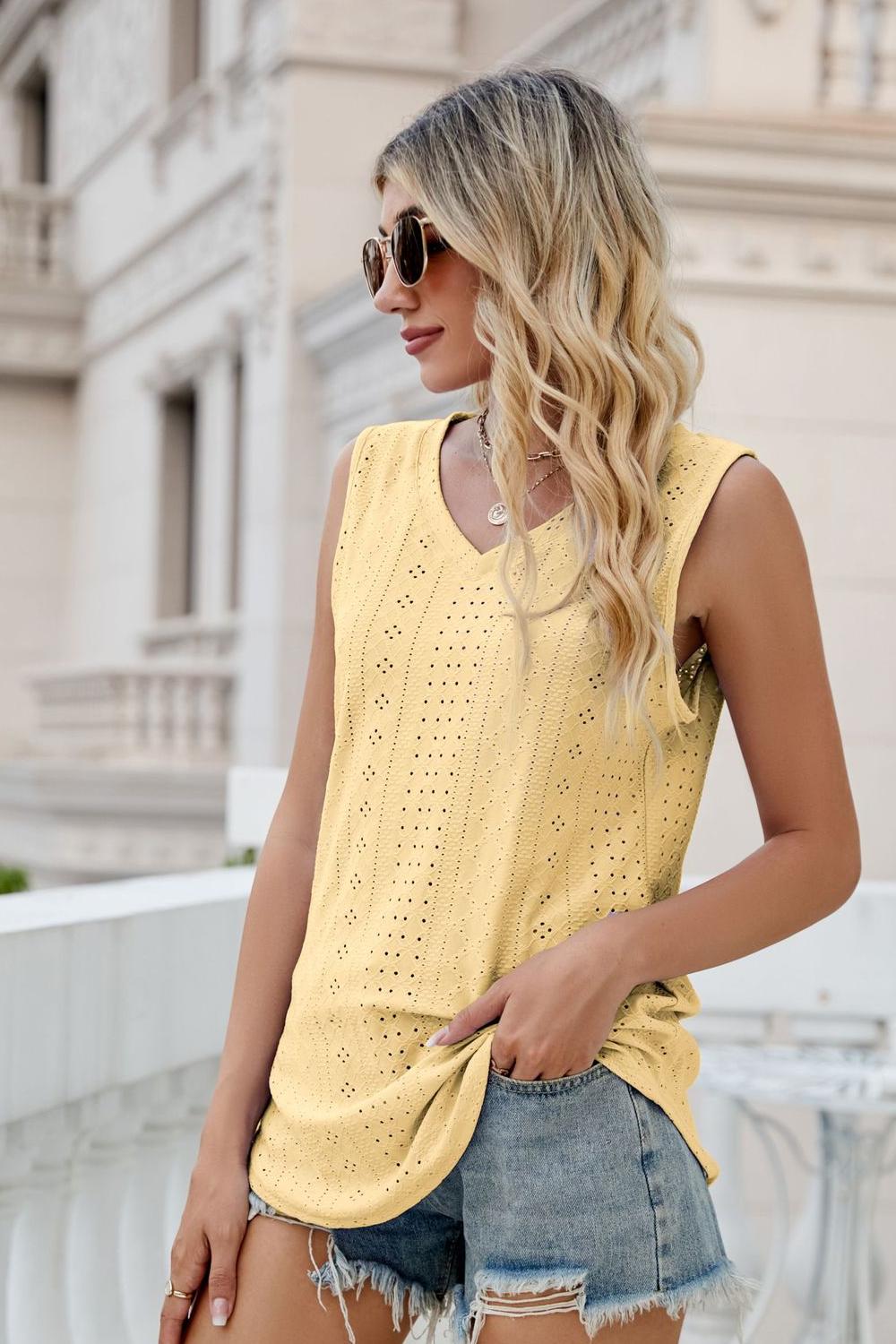 Eyelet V-Neck Tank- ONLINE ONLY 2-10 DAY SHIPPING