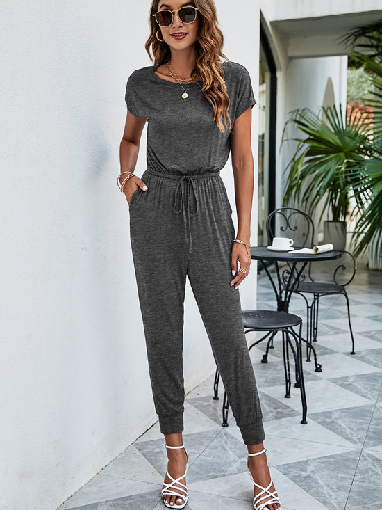 Drawstring Waist Short Sleeve Jogger Jumpsuit- ONLINE ONLY 2-10 DAY SHIPPING