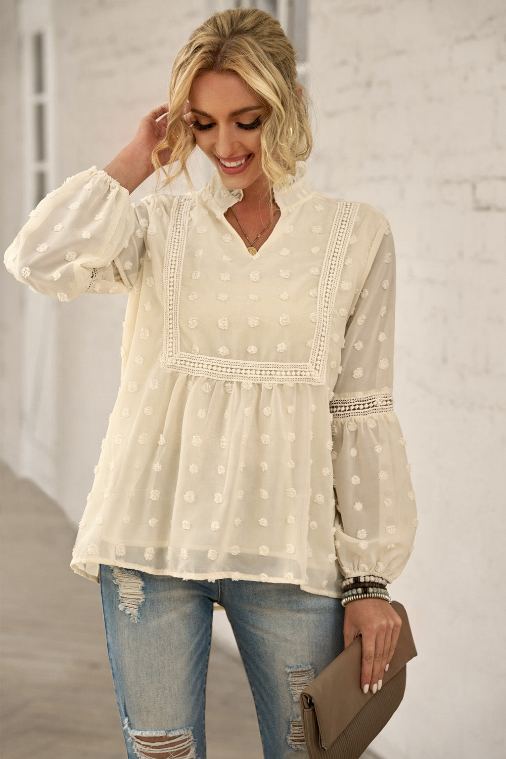 Swiss Dot Frilled Notched Neck Blouse- ONLINE ONLY 2-10 day Shipping