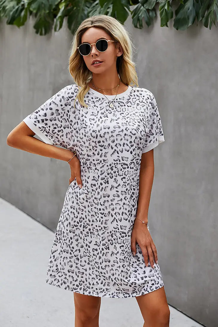 Round Neck Leopard Print Short Dress