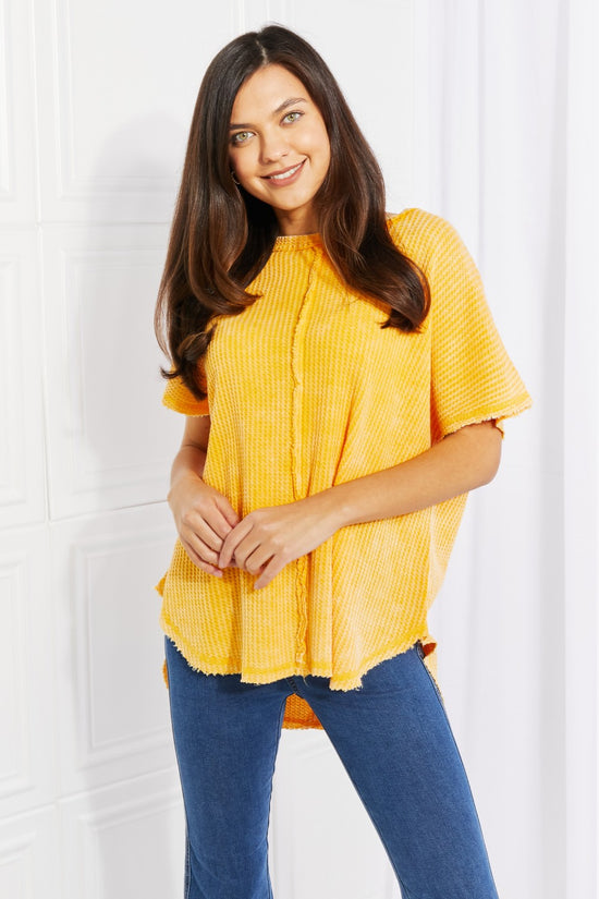 Zenana Start Small Washed Waffle Knit Top in Yellow Gold- ONLINE ONLY 2-10 day Shipping