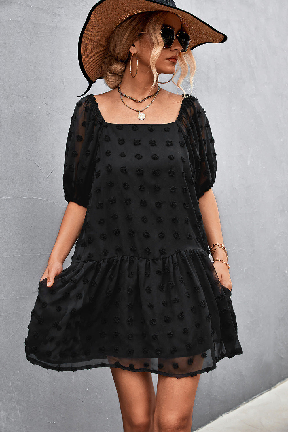 Swiss Dot Square Neck Half Balloon Sleeve Dress- ONLINE ONLY 2-10 day Shipping