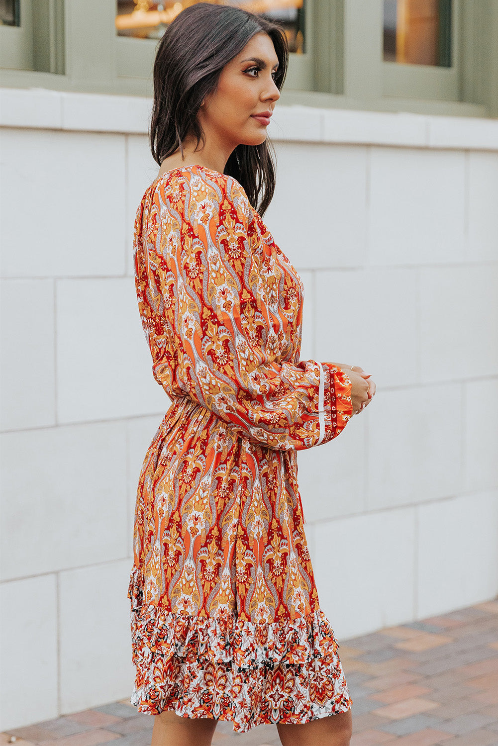 Printed Balloon Sleeve Tassel Tie Dress- ONLINE ONLY 2-10 DAY SHIPPING