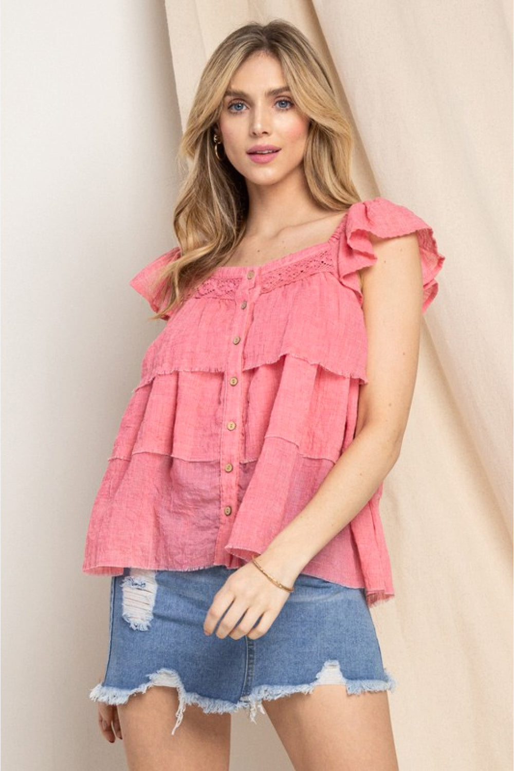 ODDI Full Size Buttoned Ruffled Top - ONLINE ONLY 2-10 DAY SHIPPING