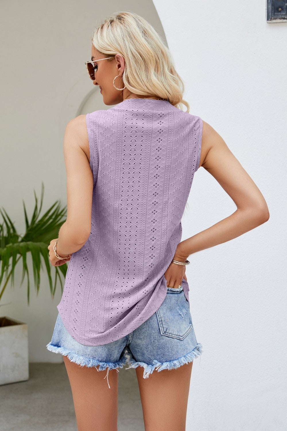 Notched Neck Curved Hem Eyelet Tank- ONLINE ONLY 2-10 DAY SHIPPING