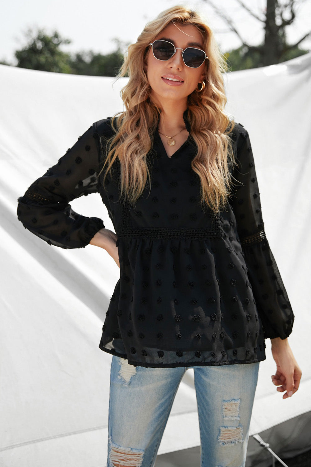 Swiss Dot Frilled Notched Neck Blouse- ONLINE ONLY 2-10 day Shipping