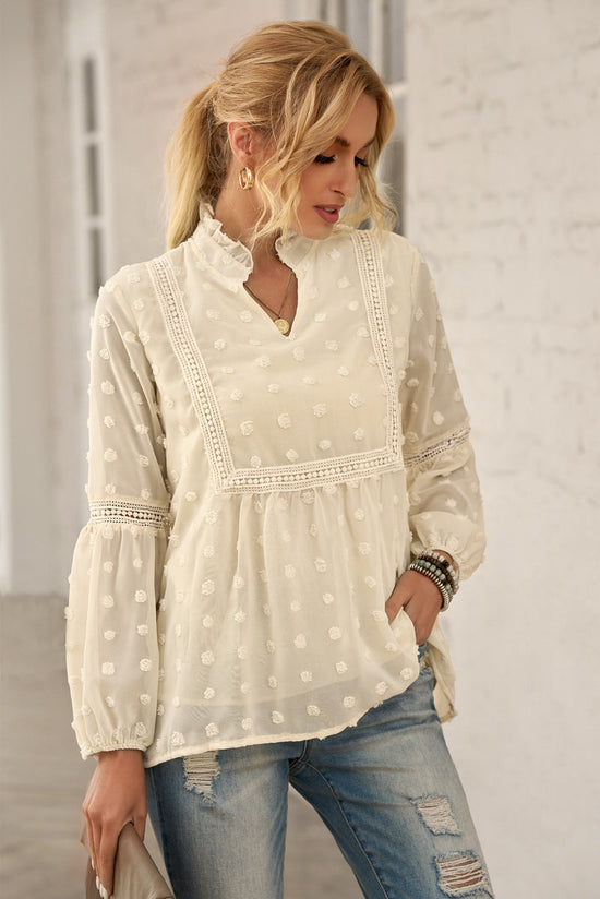 Swiss Dot Frilled Notched Neck Blouse- ONLINE ONLY 2-10 day Shipping