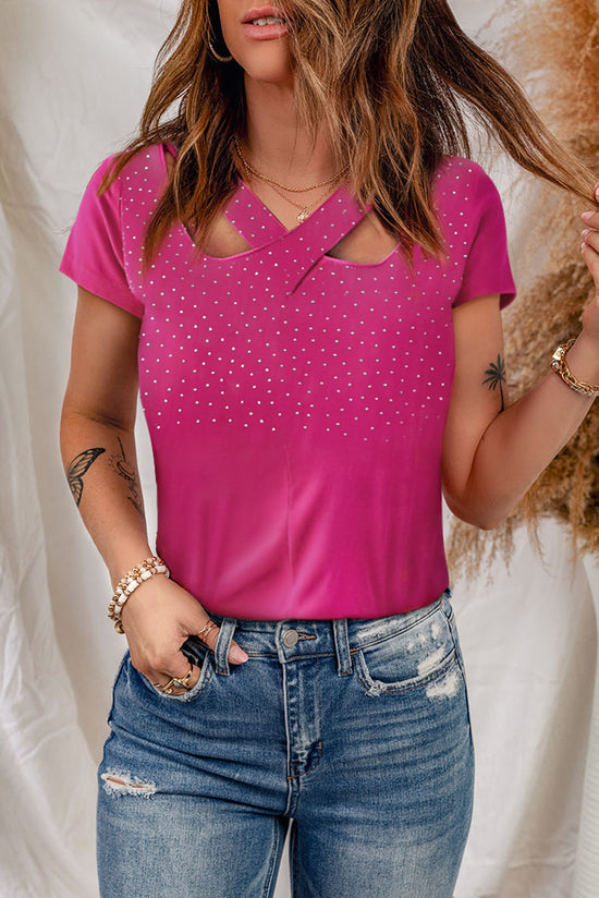 Rhinestone Crisscross Short Sleeve Top- ONLINE ONLY 2-10 DAY SHIPPING