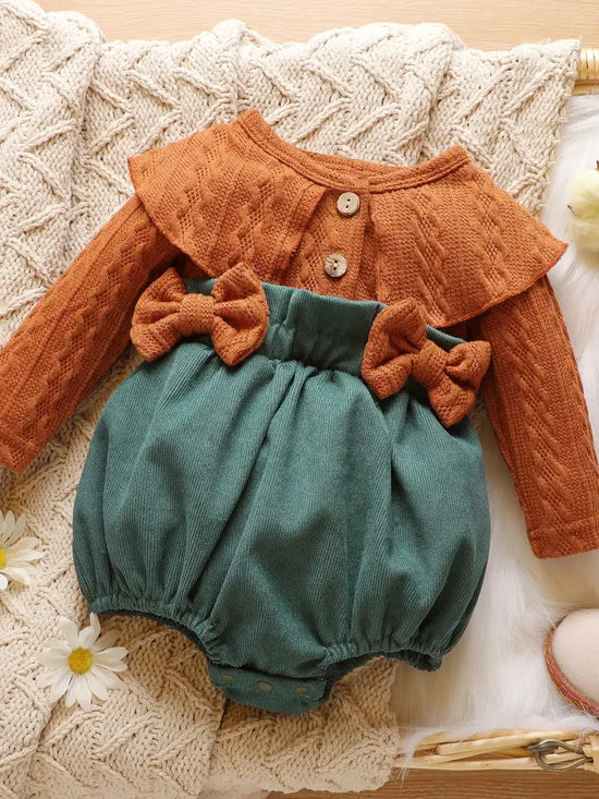 Cable Knit Long-sleeve Splicing Corduroy Bowknot Baby Romper