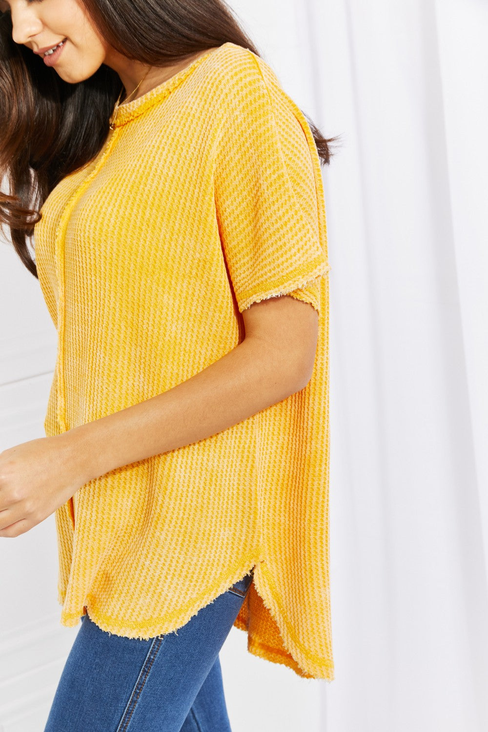 Zenana Start Small Washed Waffle Knit Top in Yellow Gold- ONLINE ONLY 2-10 day Shipping