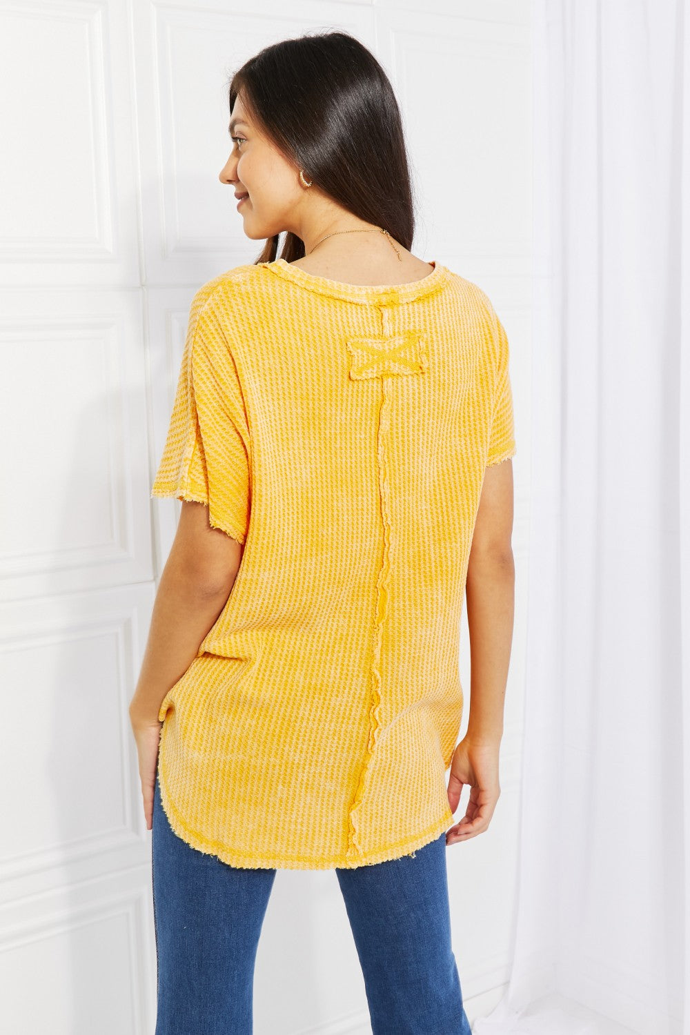 Zenana Start Small Washed Waffle Knit Top in Yellow Gold- ONLINE ONLY 2-10 day Shipping