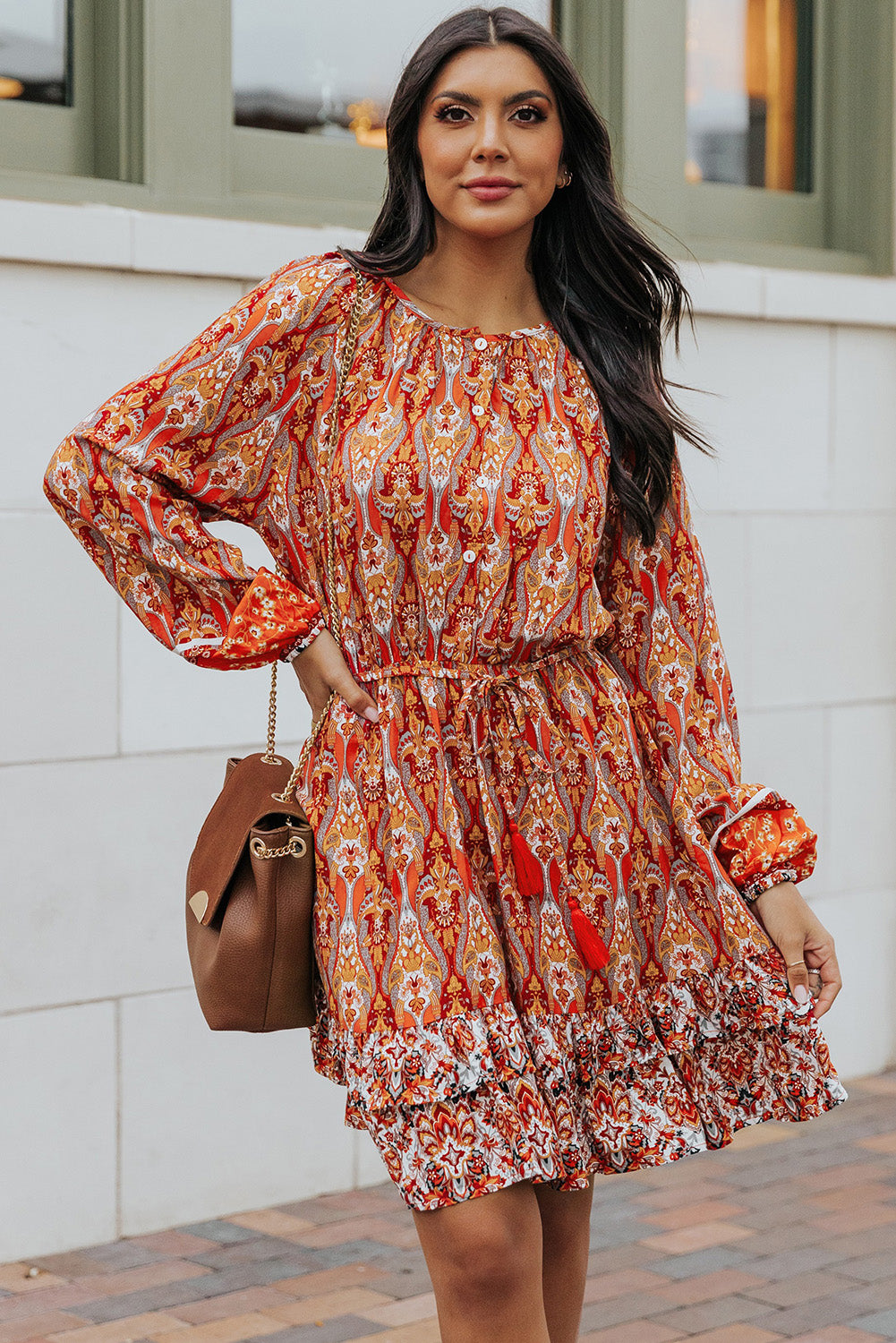 Printed Balloon Sleeve Tassel Tie Dress- ONLINE ONLY 2-10 DAY SHIPPING