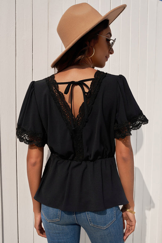 Lace Trim V-Neck Tied Peplum Blouse- ONLINE ONLY 2-10 DAY SHIPPING