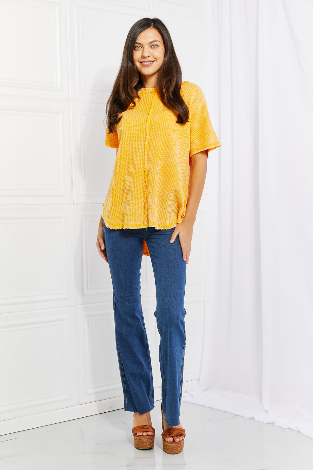 Zenana Start Small Washed Waffle Knit Top in Yellow Gold- ONLINE ONLY 2-10 day Shipping