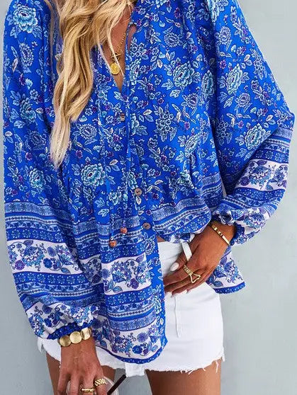 Drawstring V-Neck Floral Print Loose Fit Top