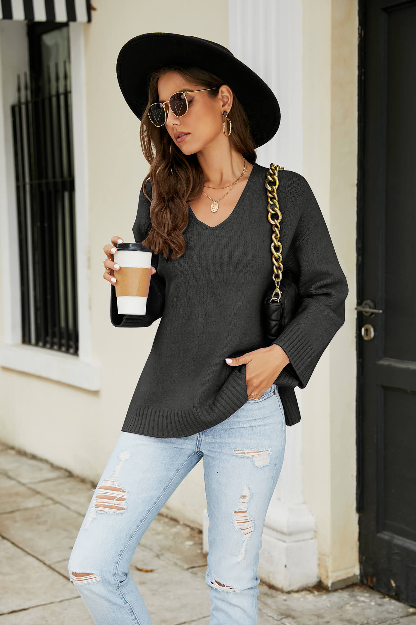 Drop Shoulder V-Neck Knit Pullover- ONLINE ONLY 2-10 DAY SHIPPING