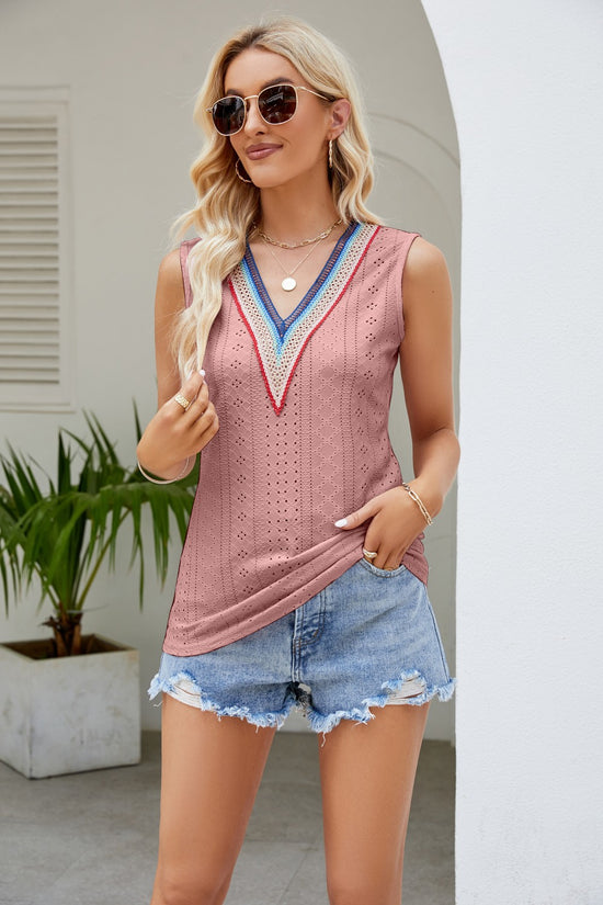 Contrast V-Neck Eyelet Tank- ONLINE ONLY 2-10 DAY SHIPPING