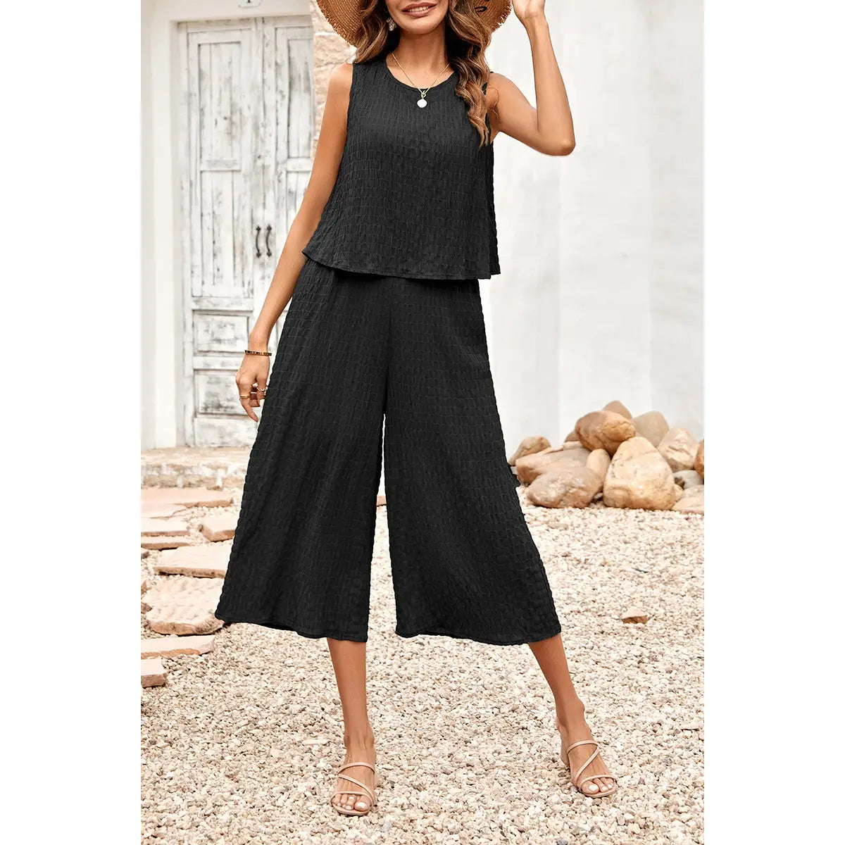 Sleeveless Solid Ruffle Loose Fit Wid Leg Sets - In Store